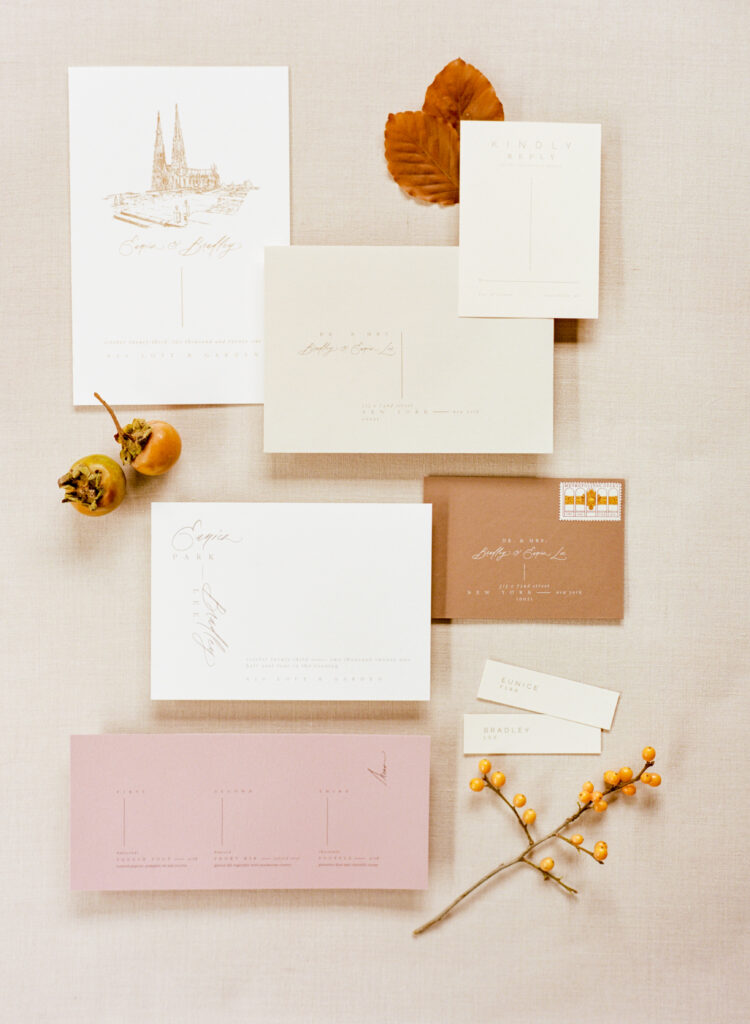 Calligraphy wedding invitation in muted colors by Julie Ha
