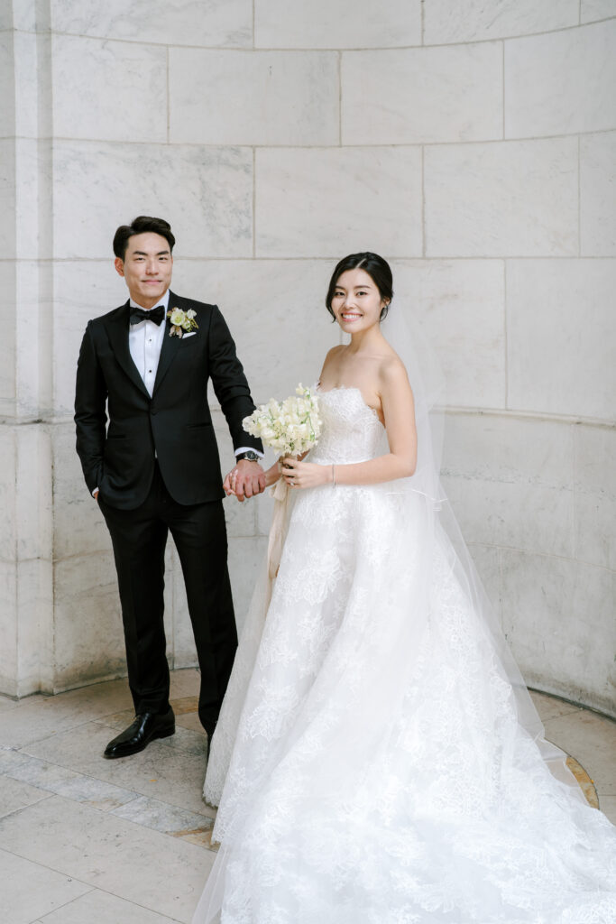 Bridal and groom portrait at New York Public Library