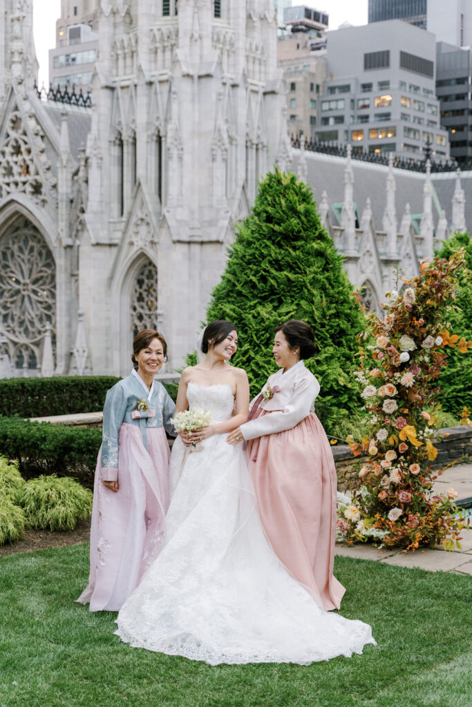 Bride and mom in traditional Korean hanbok in NYC wedding 