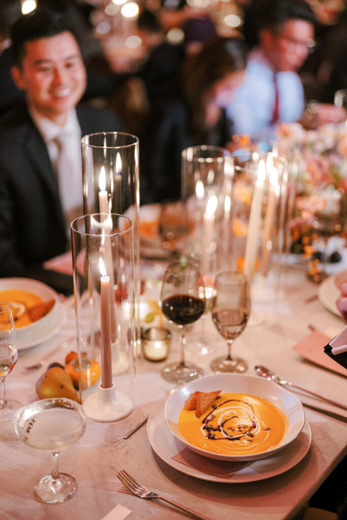 Butternut squash soup on dinner table at fall wedding at 620 Loft & Garden 
