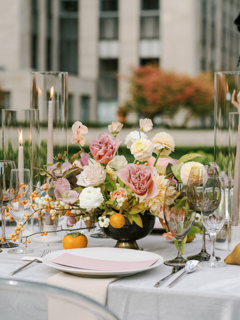 Floral rose centerpiece at fall NYC wedding designed by top wedding planner East Made Co 