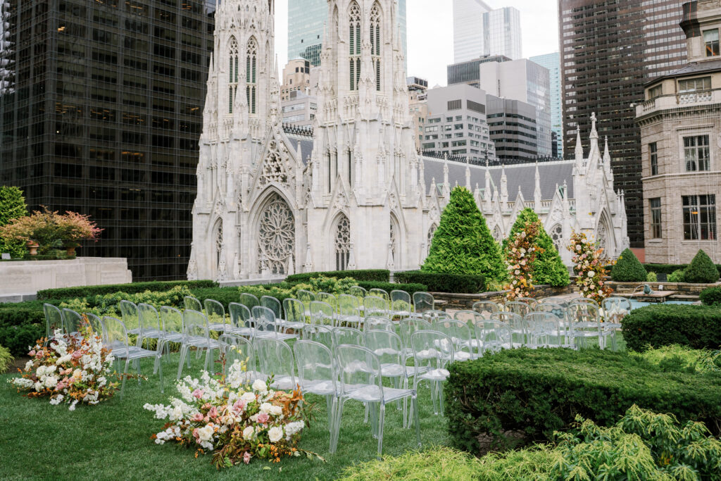 View of ghost chairs set up for wedding ceremony overlooking St. Patrick's Cathedral 