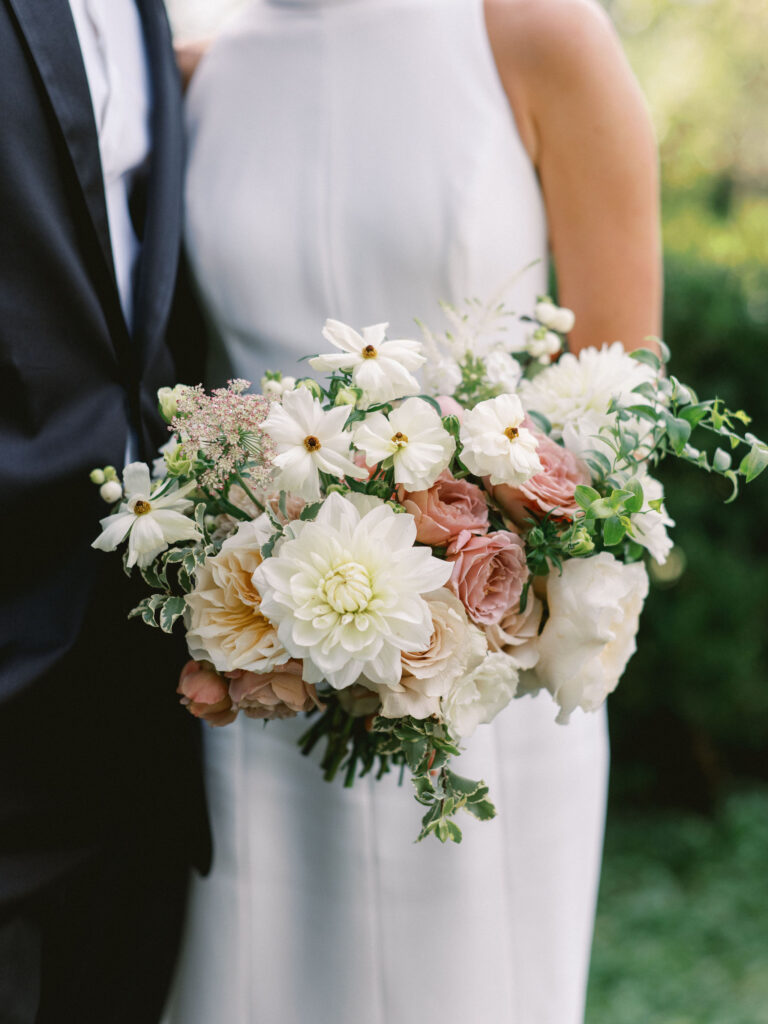 rose, white, neutral wedding bouquet with white dahlia by sophie felts 