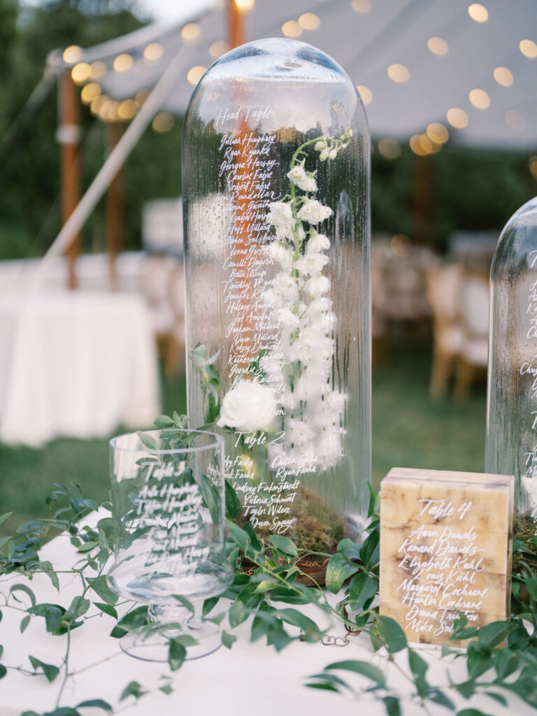 wedding seating display cloche with calligraphy 