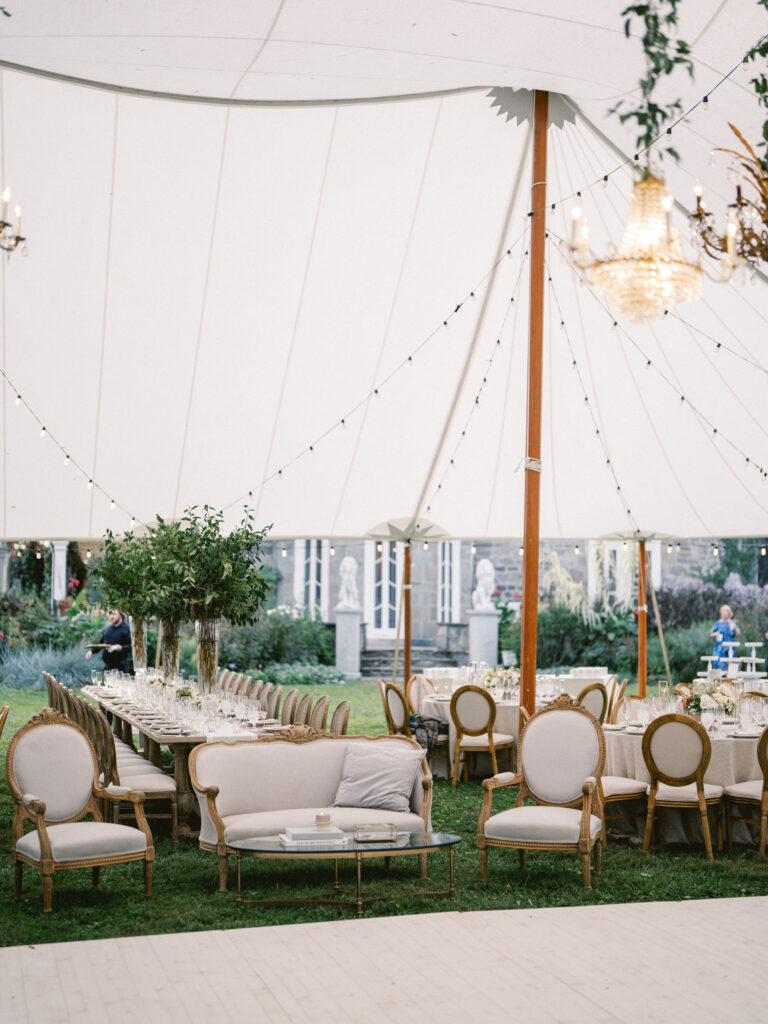 outdoor tented wedding reception neutral in sailcloth tent at cylburn arboretum in baltimore designed by wedding planner east made co 