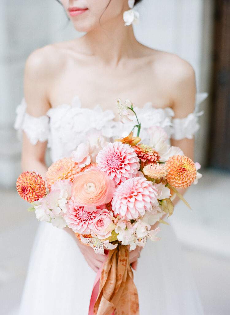 bridal flower bouquet with coral dahlias fall wedding