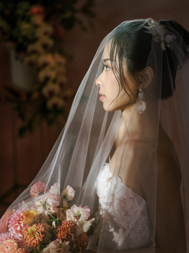 moody dark bridal portrait in veil 